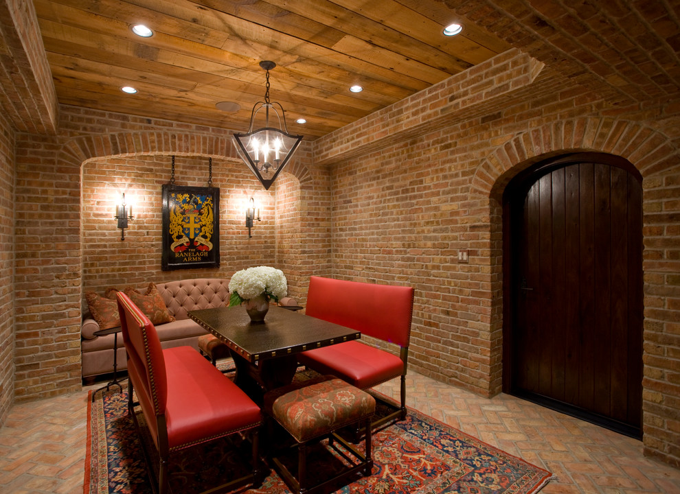 Inspiration for a traditional wine cellar in Chicago with brick floors and beige floor.