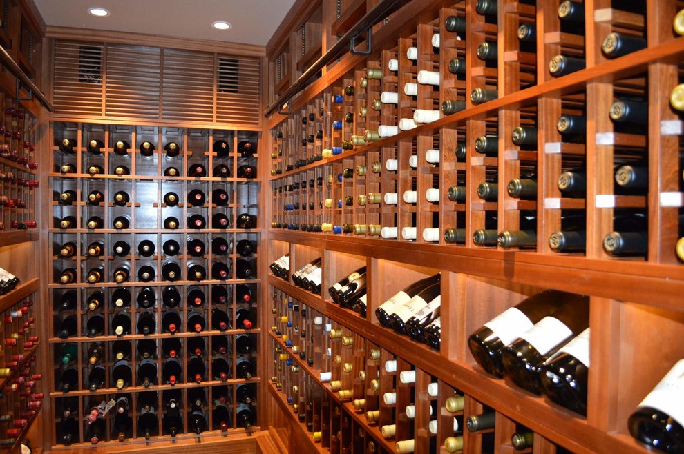Inspiration for a large modern terra-cotta tile wine cellar remodel in San Diego with display racks