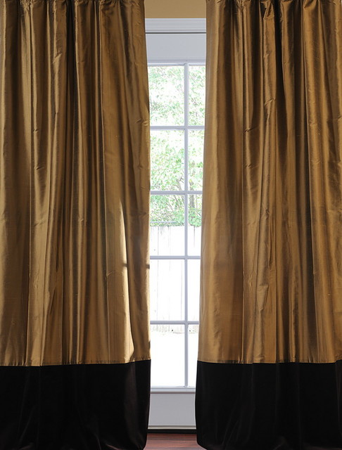 Banded Taupe Gold Thai Silk With Kona Brown Velvet Curtain