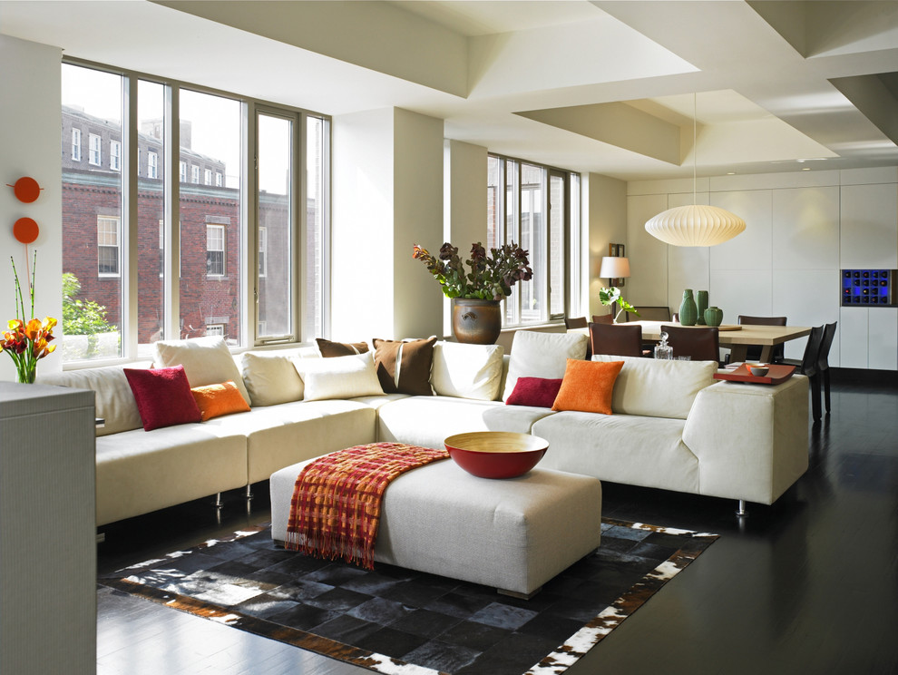Inspiration for a contemporary open concept living room in Boston with no fireplace.