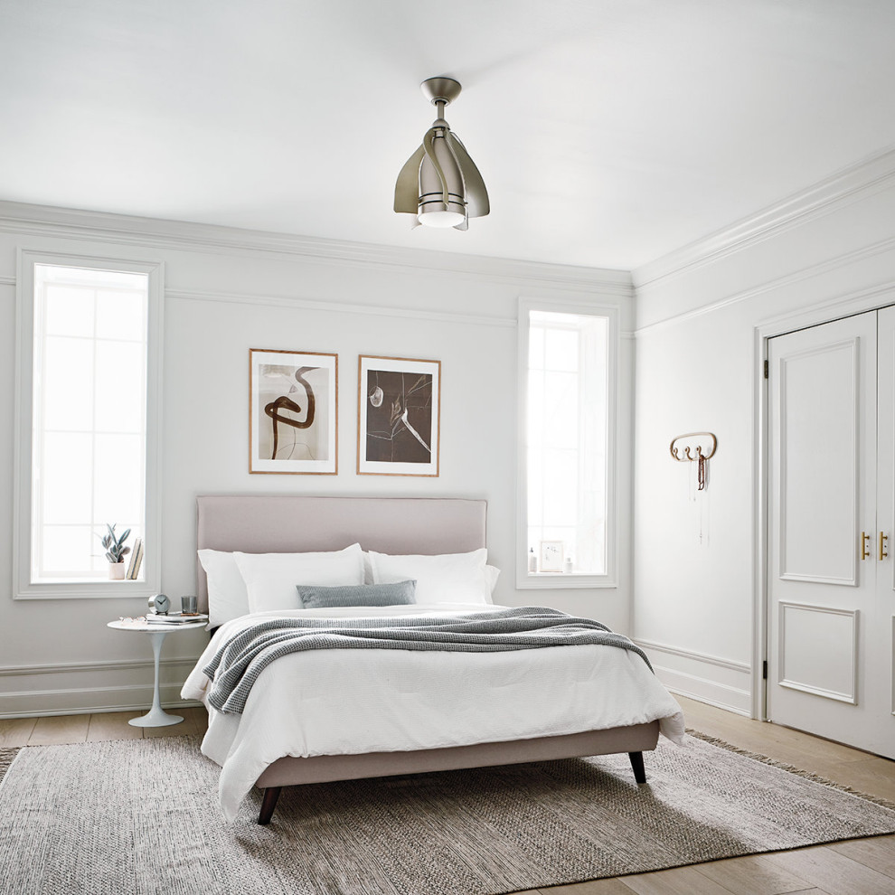 Mid-sized trendy master medium tone wood floor and brown floor bedroom photo in Palma de Mallorca with white walls