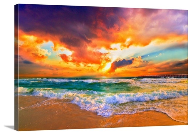 Red Orange Purple Beautiful Beach Sunset Wrapped Canvas Art Print, 24"x16"x