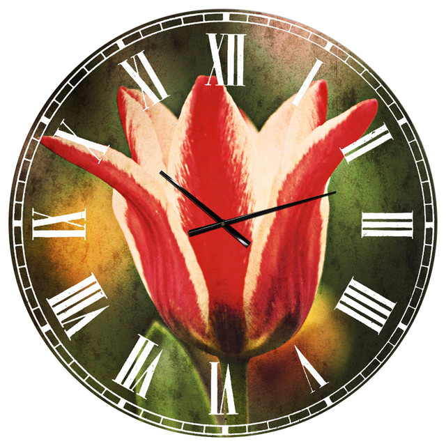Large Tulips On Green Background Flower Large Metal Wall Clock, 36x36