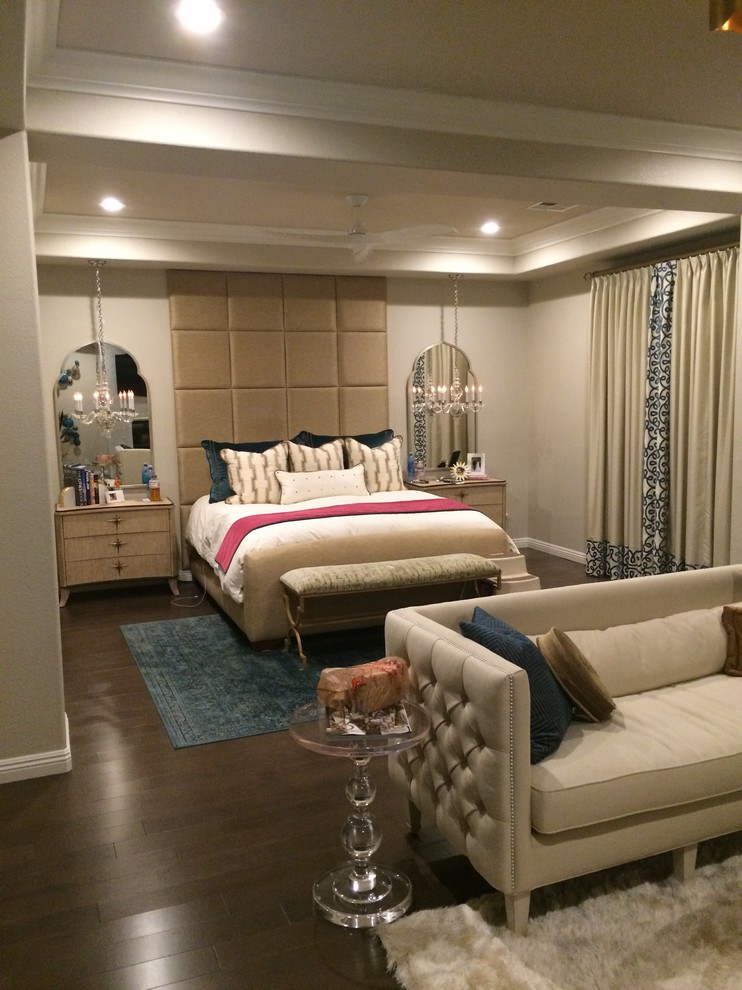 Photo of a mid-sized contemporary master bedroom in Las Vegas with beige walls, dark hardwood floors, no fireplace and brown floor.