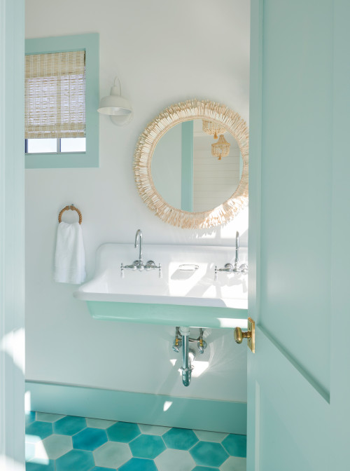 Underwater Oasis: Light Blue Through Sink with Beach Bathroom Decor and Hexagon Tiles for Beach Bathroom Ideas
