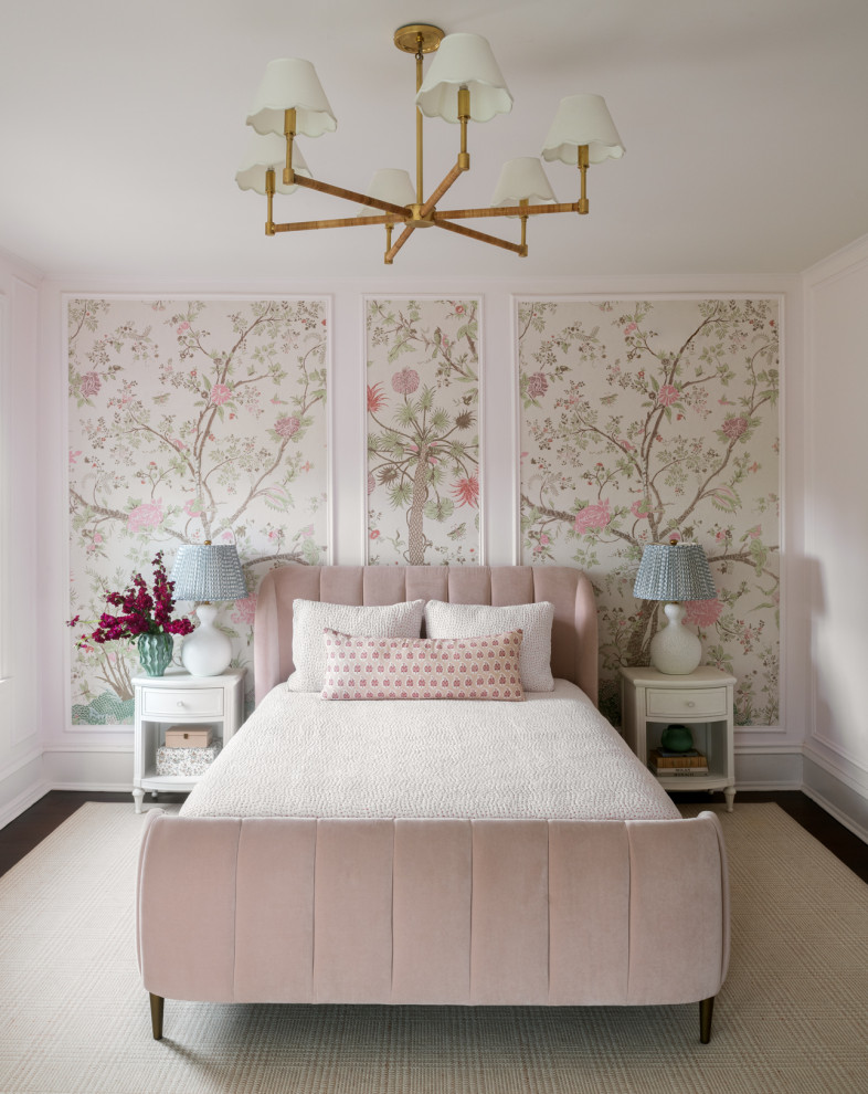 Bedroom - transitional dark wood floor, brown floor, wall paneling and wallpaper bedroom idea in Philadelphia with multicolored walls