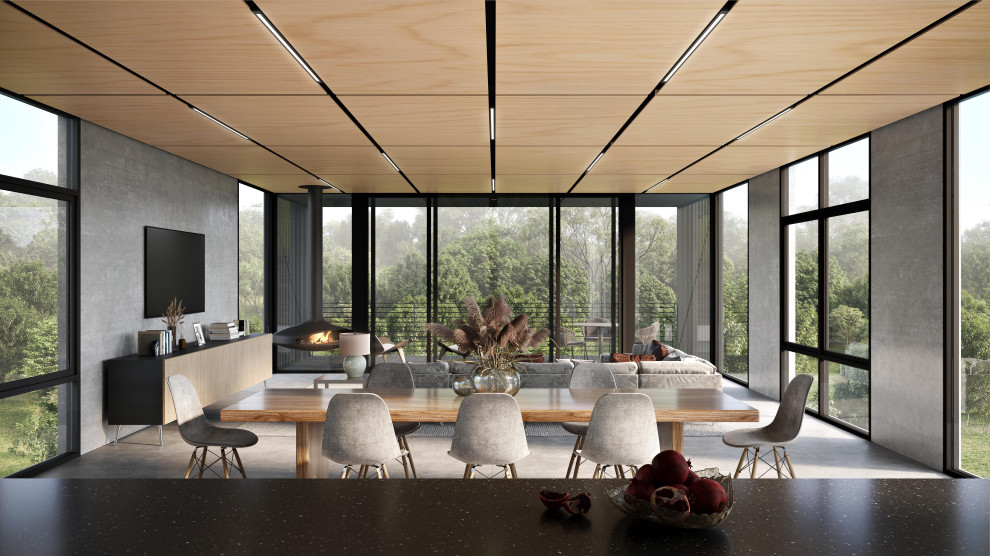 Cette photo montre une grande salle à manger ouverte sur le salon nature avec un mur beige, cheminée suspendue, un manteau de cheminée en métal, un sol gris, un sol en carrelage de céramique, un plafond en bois, boiseries et éclairage.