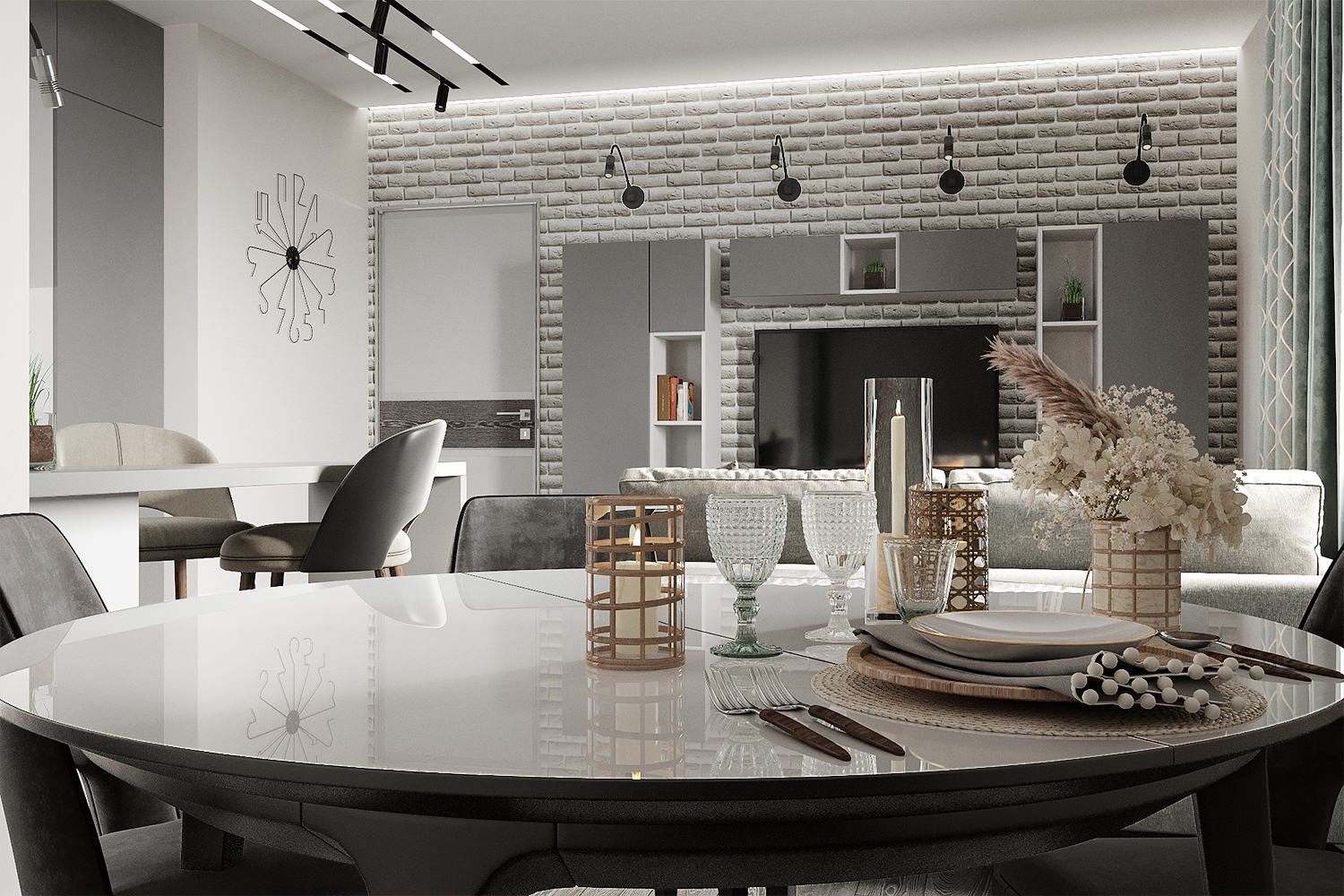 Кухня-гостиная. Вариант в холодных тонах.