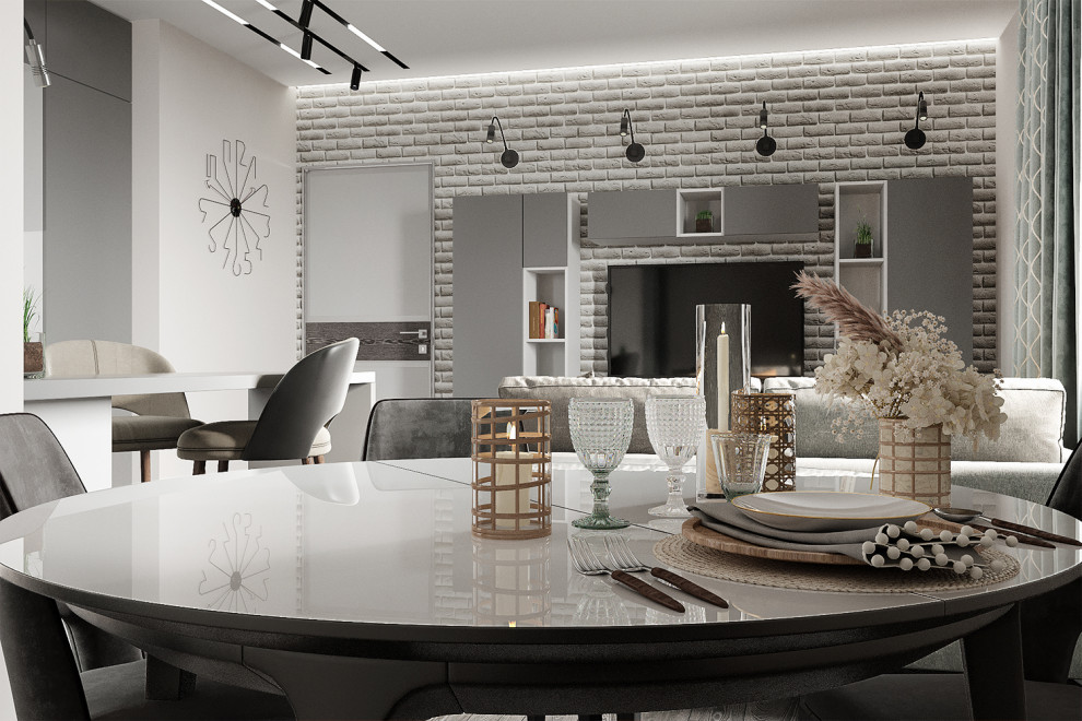 Кухня-гостиная. Вариант в холодных тонах.