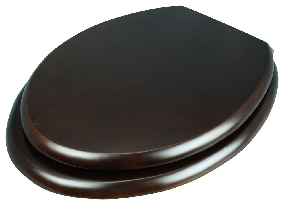 Toilet Seat Elongated Solid Wood Dark Oak Brass Hinge Contemporary