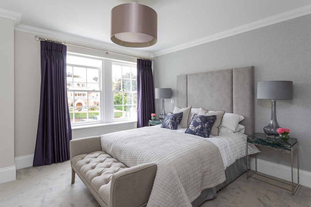 Design ideas for a mid-sized transitional bedroom in Buckinghamshire with grey walls, carpet and grey floor.