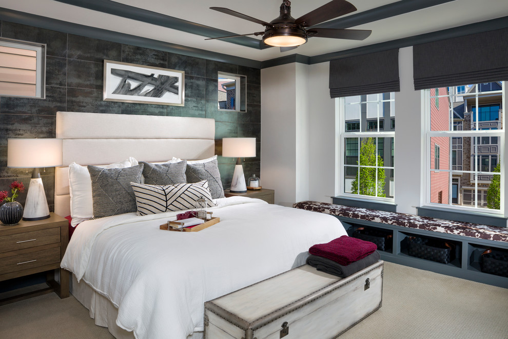 This is an example of a transitional master bedroom in Atlanta with black walls, carpet, no fireplace and beige floor.