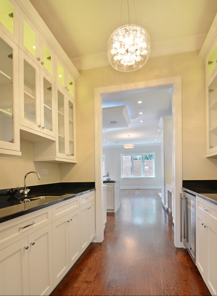 Kitchen - transitional galley kitchen idea in Chicago with granite countertops and no island