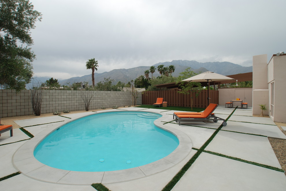 Design ideas for a midcentury kidney-shaped pool in Los Angeles with concrete slab.