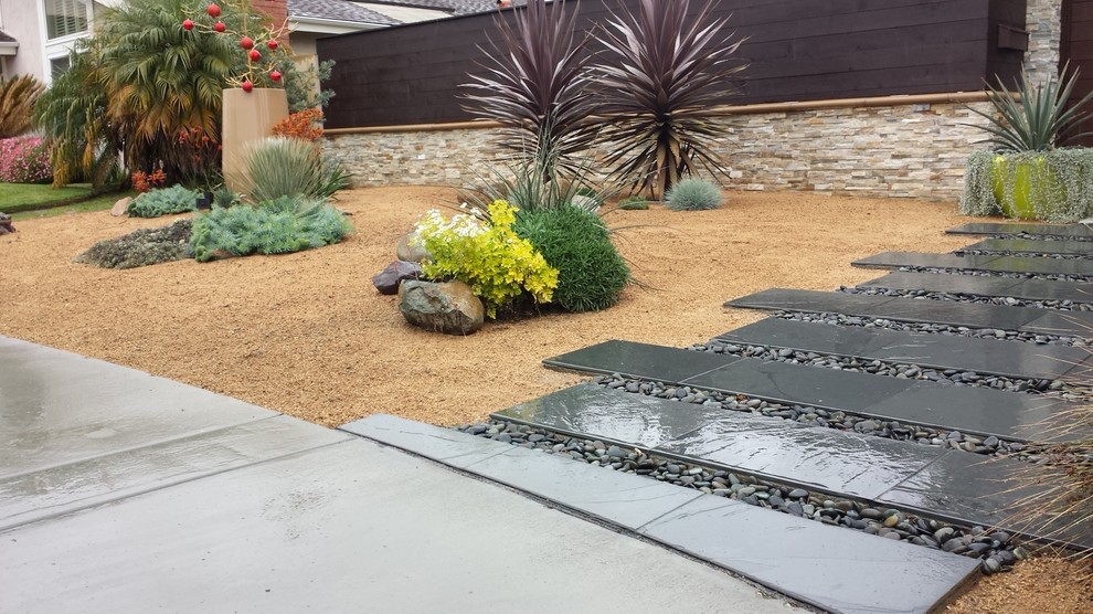 Design ideas for a small transitional front yard full sun garden for summer in Orange County with a garden path and natural stone pavers.