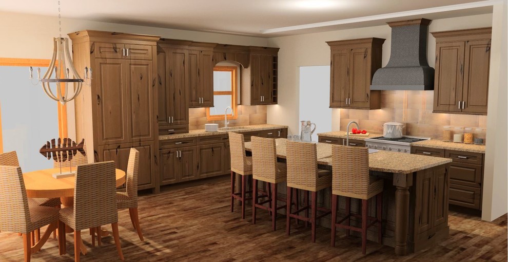 Example of a large mountain style dark wood floor and brown floor eat-in kitchen design in Minneapolis with an undermount sink, raised-panel cabinets, quartz countertops, brown backsplash, paneled appliances, an island and medium tone wood cabinets