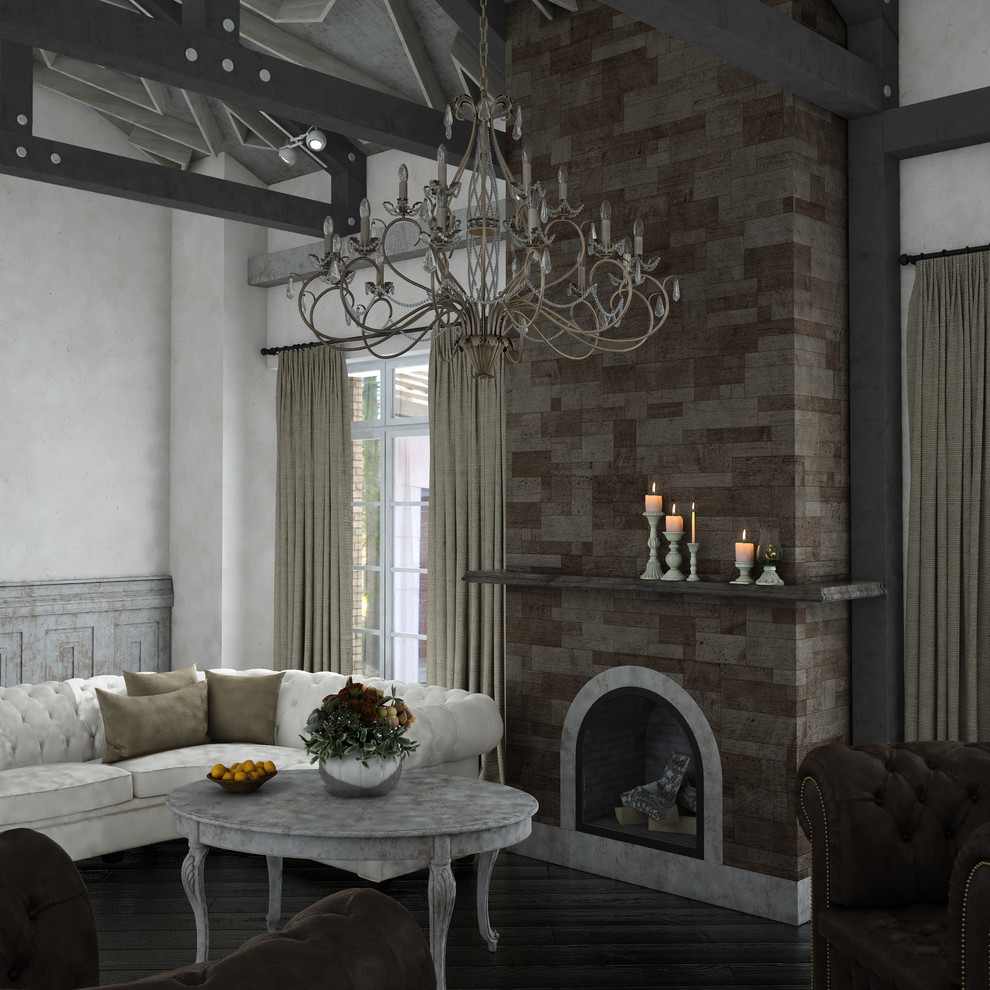 Брутальная гостиная с изящной люстрой