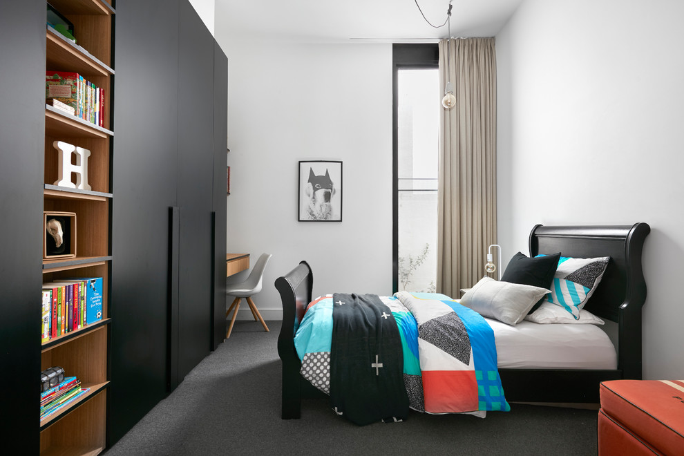 Inspiration for a contemporary bedroom in Melbourne with white walls, carpet and grey floor.