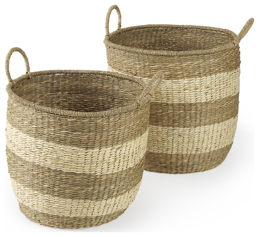 Set of Two Round Wicker Storage Baskets Tropical Baskets by