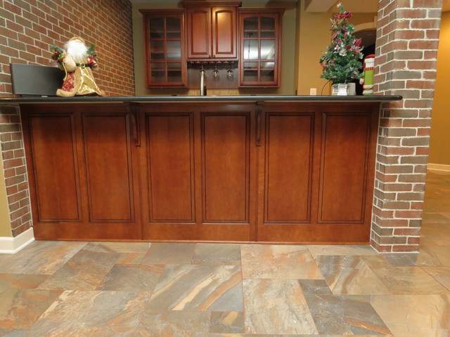 Basement Remodel With New Bar And Ceramic Tile Floor Traditional