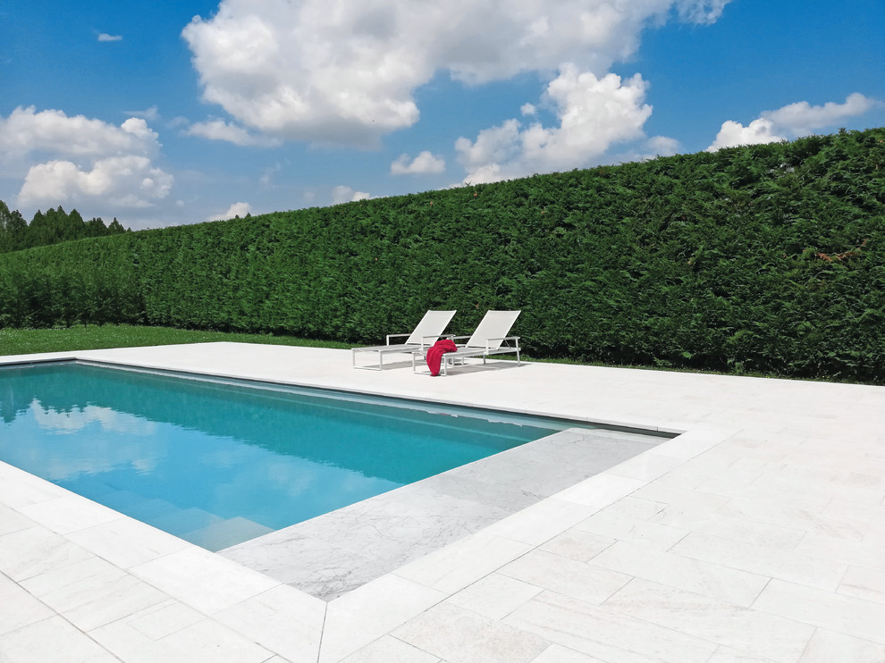 Photo of a large contemporary rooftop rectangular aboveground pool in Milan with a pool house and tile.