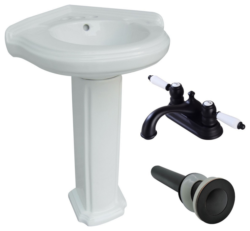 White Corner Pedestal Sink with 4" Black Faucet, Sink Drain