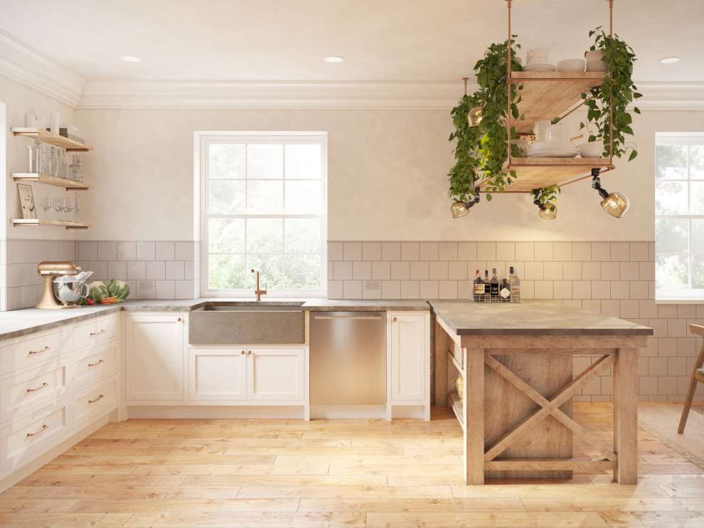 Idéer för ett mycket stort lantligt grå kök, med en rustik diskho, luckor med infälld panel, vita skåp, bänkskiva i täljsten, grått stänkskydd, stänkskydd i keramik, rostfria vitvaror, mellanmörkt trägolv, en köksö och beiget golv