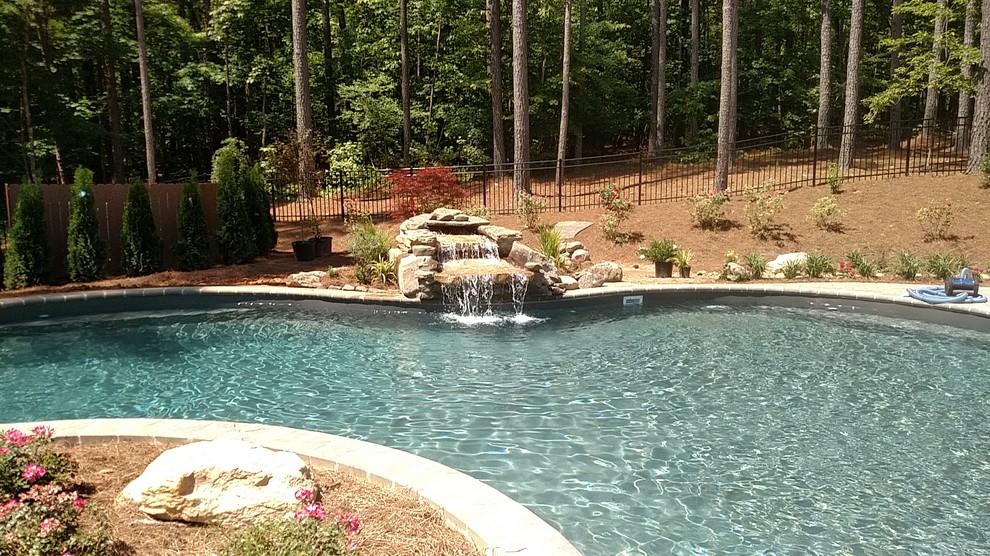 Large transitional backyard custom-shaped and concrete paver natural pool fountain photo in Raleigh