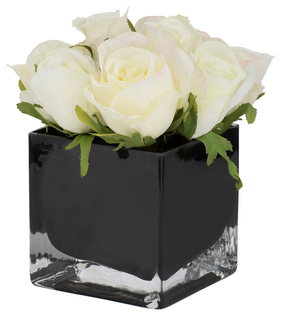 Potted Artificial White Roses in Black Vase - Traditional ...