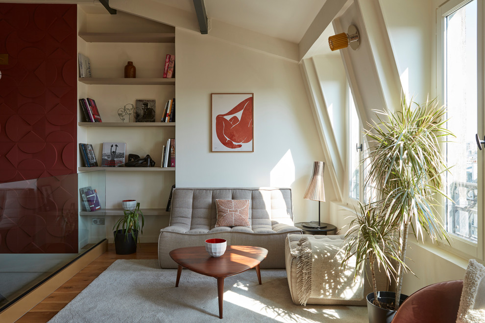 Foto di un soggiorno minimal stile loft con pareti bianche e soffitto a volta