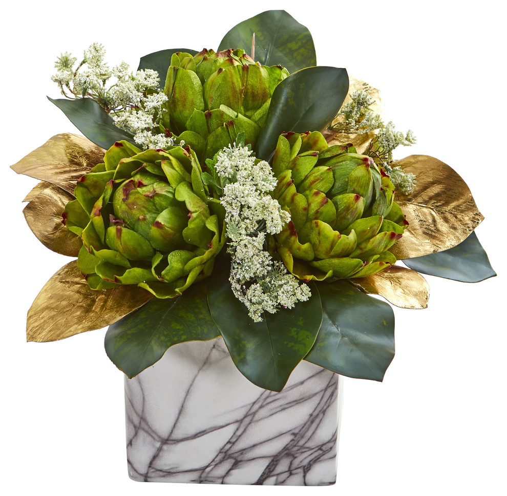 Golden Magnolias and Artichokes Artificial Arrangement in Marble Planter Contemporary