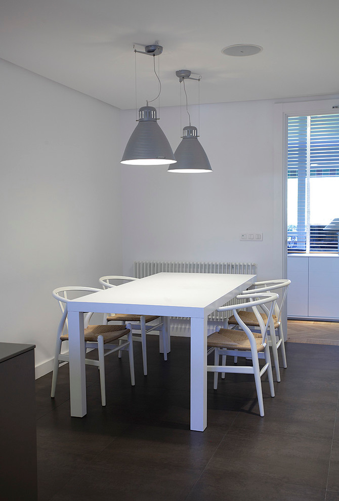 Imagen de comedor clásico renovado de tamaño medio cerrado sin chimenea con paredes blancas y suelo de baldosas de cerámica