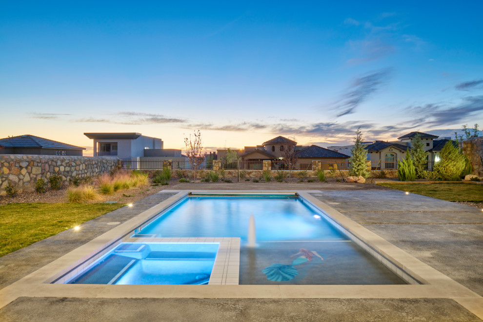 Idee per una piscina naturale minimal rettangolare di medie dimensioni e dietro casa con paesaggistica bordo piscina e lastre di cemento