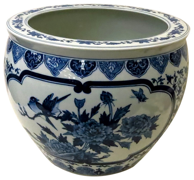 Birds In Circle Blue And White Porcelain Fish Bowl 20 Asian Birds In Circle Blue And White Porcelain Fish Bowl 20