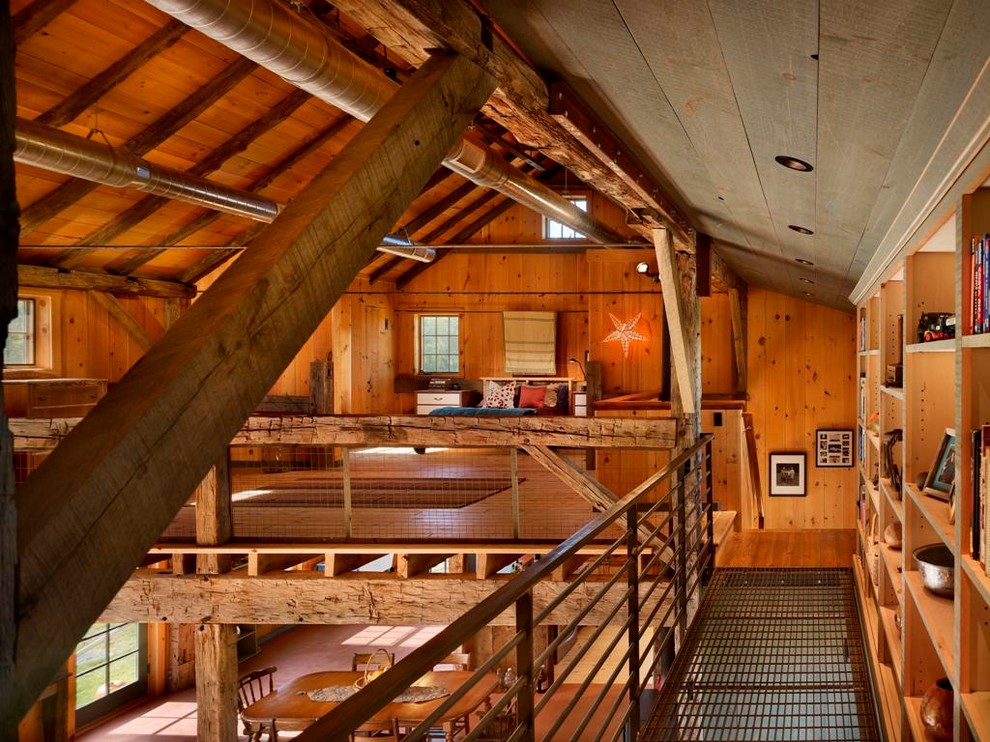 Design ideas for a country loft-style bedroom in Philadelphia with medium hardwood floors.