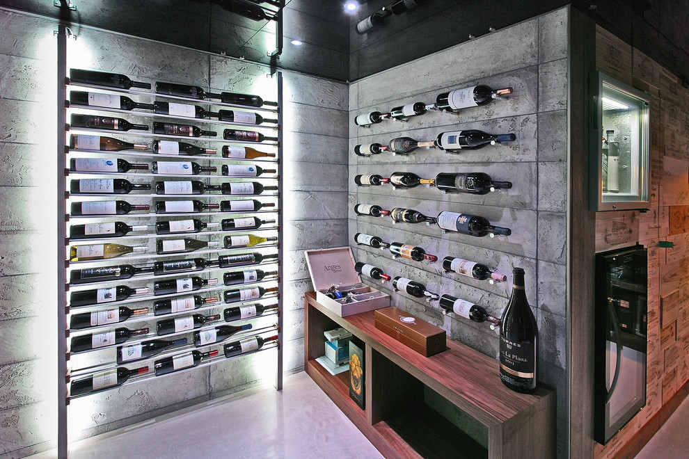 Design ideas for a mid-sized modern wine cellar in Other with concrete floors, display racks and grey floor.