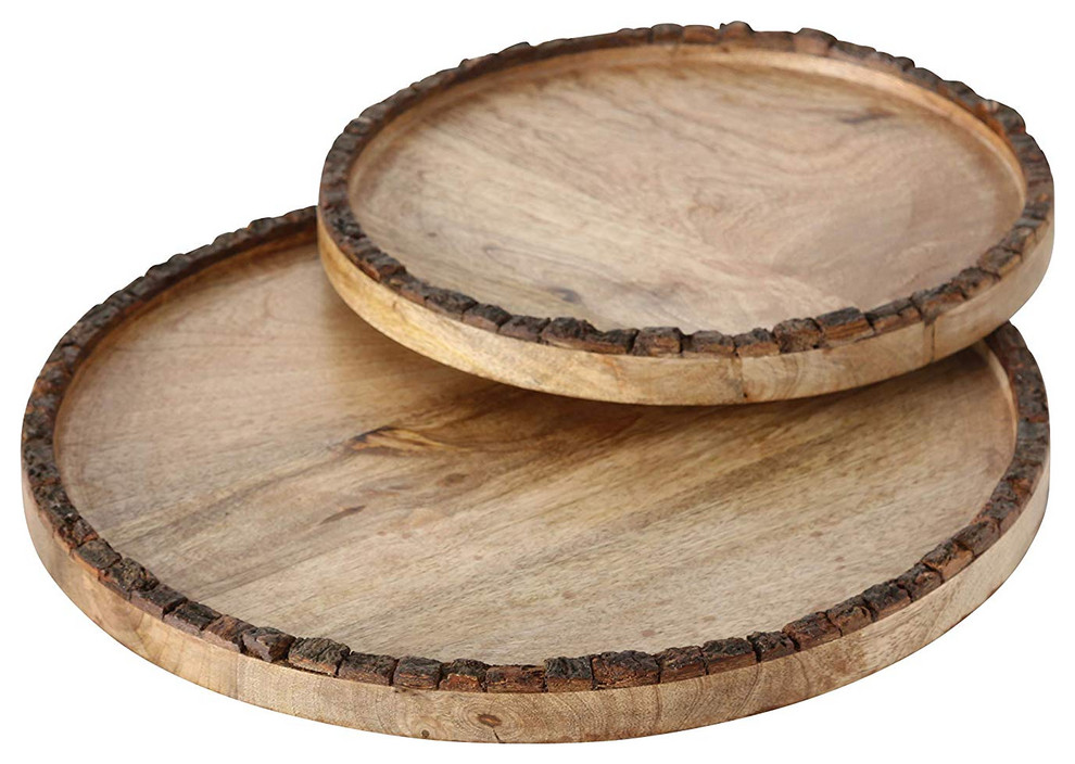 Artisinal 2 Piece Bark Rimmed Wood Plate Set - Rustic - Decorative ...