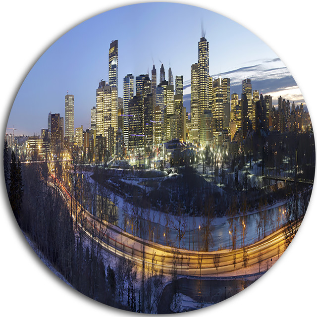 Downtown Calgary, Cityscape Photo Round Metal Wall Art, Disc of 11 inch
