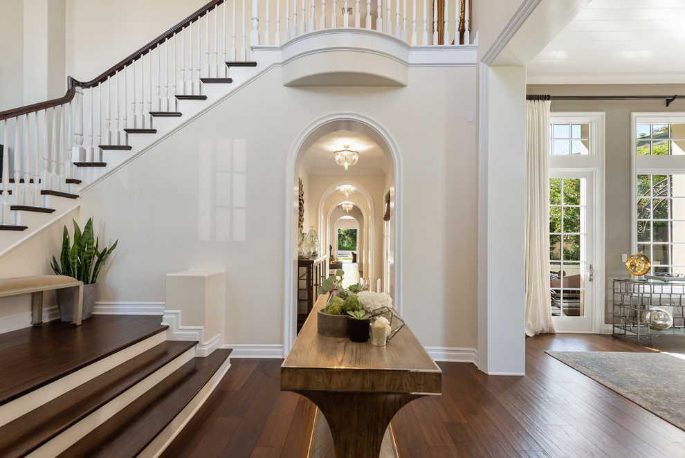Inspiration for a large contemporary foyer in San Diego with white walls, dark hardwood floors, a single front door, a dark wood front door and brown floor.