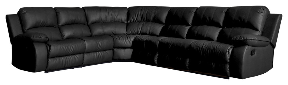 Classic Large Sectional Sofa Faux Bonded Leather With Recliner End Seat, Black