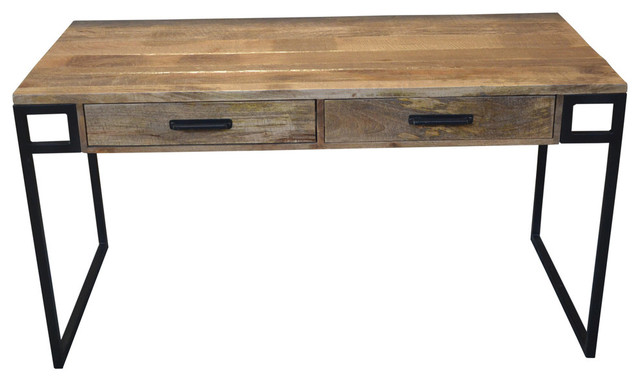 Anaheim Katy 2-Drawer Solid Wood Writing Desk in Brown with Iron Legs ...
