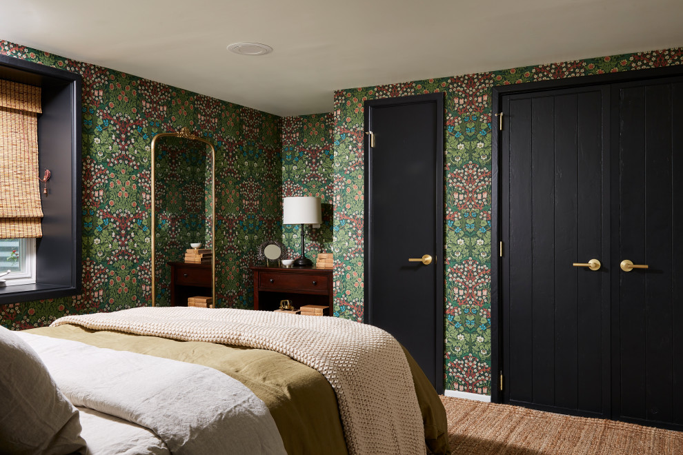 Inspiration for a mid-sized transitional guest bedroom in Minneapolis with multi-coloured walls, carpet, multi-coloured floor and wallpaper.