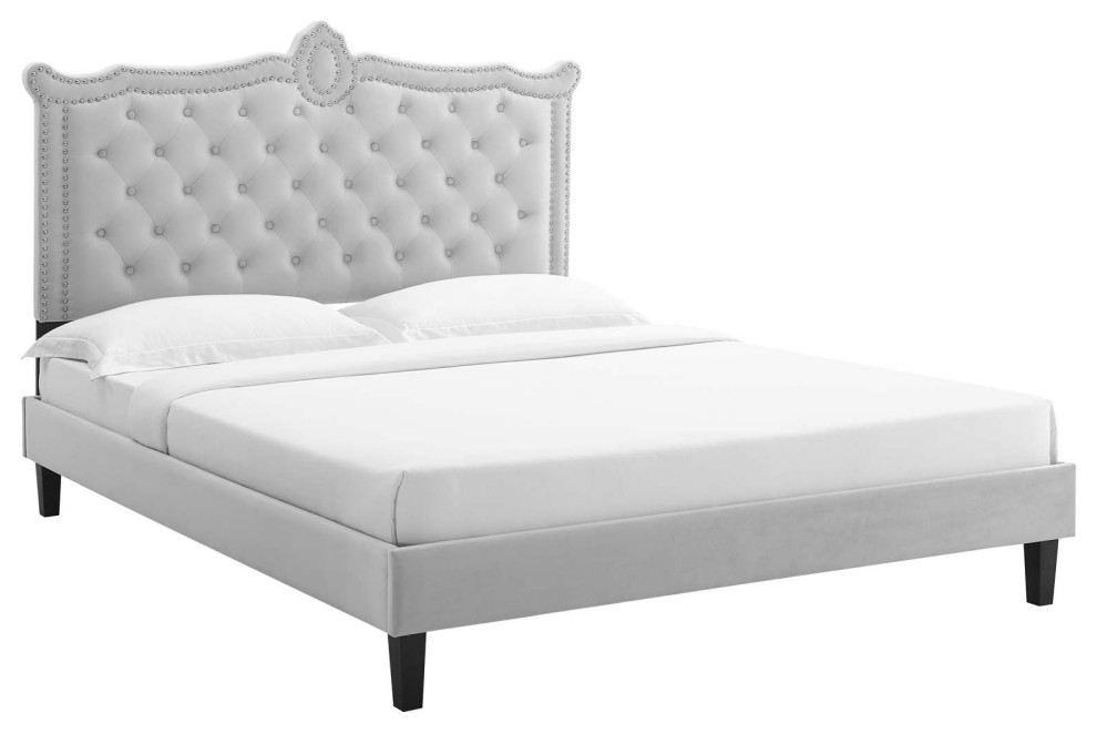 Clara Performance Velvet Queen Platform Bed Transitional Platform
