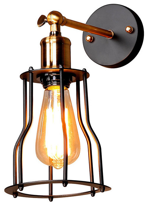 Rustic-Style Wall Sconce With Iron Cage, Matte Black
