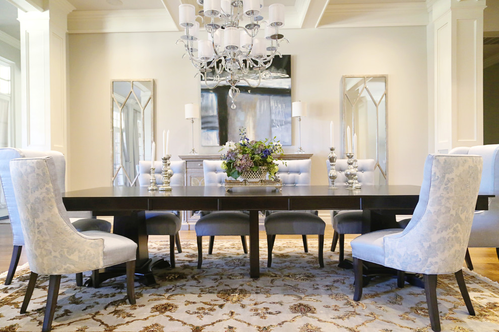 Enclosed dining room - large transitional medium tone wood floor enclosed dining room idea with gray walls and no fireplace
