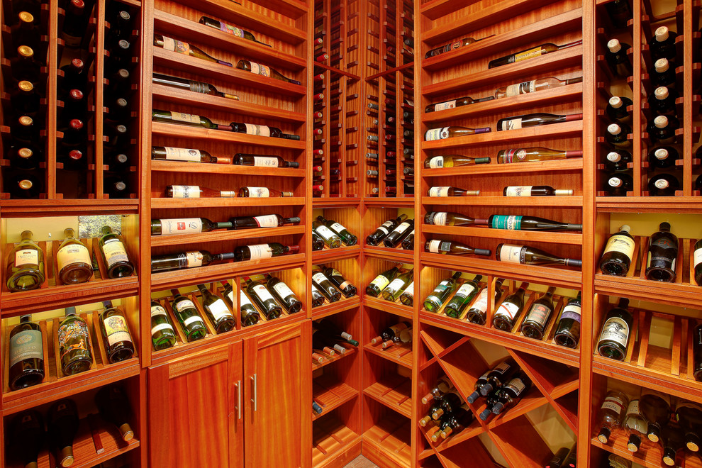 Mid-sized transitional porcelain tile and black floor wine cellar photo in Phoenix with display racks