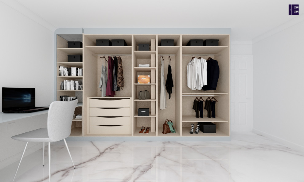 Inspiration for a small modern storage and wardrobe in London with flat-panel cabinets, grey cabinets, marble floors, white floor and wood.