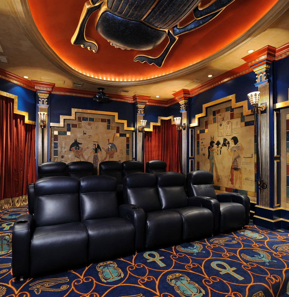 This is an example of a mediterranean enclosed home theatre in Houston with multi-coloured walls, carpet and multi-coloured floor.