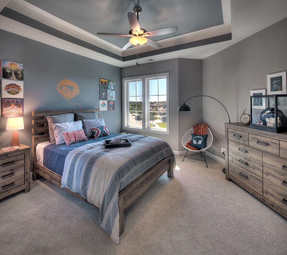 Inspiration for a transitional bedroom in Kansas City with grey walls, carpet and beige floor.