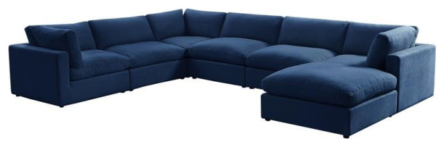 Kaelynn Corner Sofa Navy Blue Linen Upholstered with Ottoman
